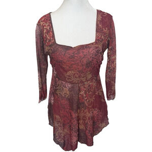 Y2K Womens Floral Asymmetrical Sheer Babydoll Top Size S Forest Fairy Whimsigoth